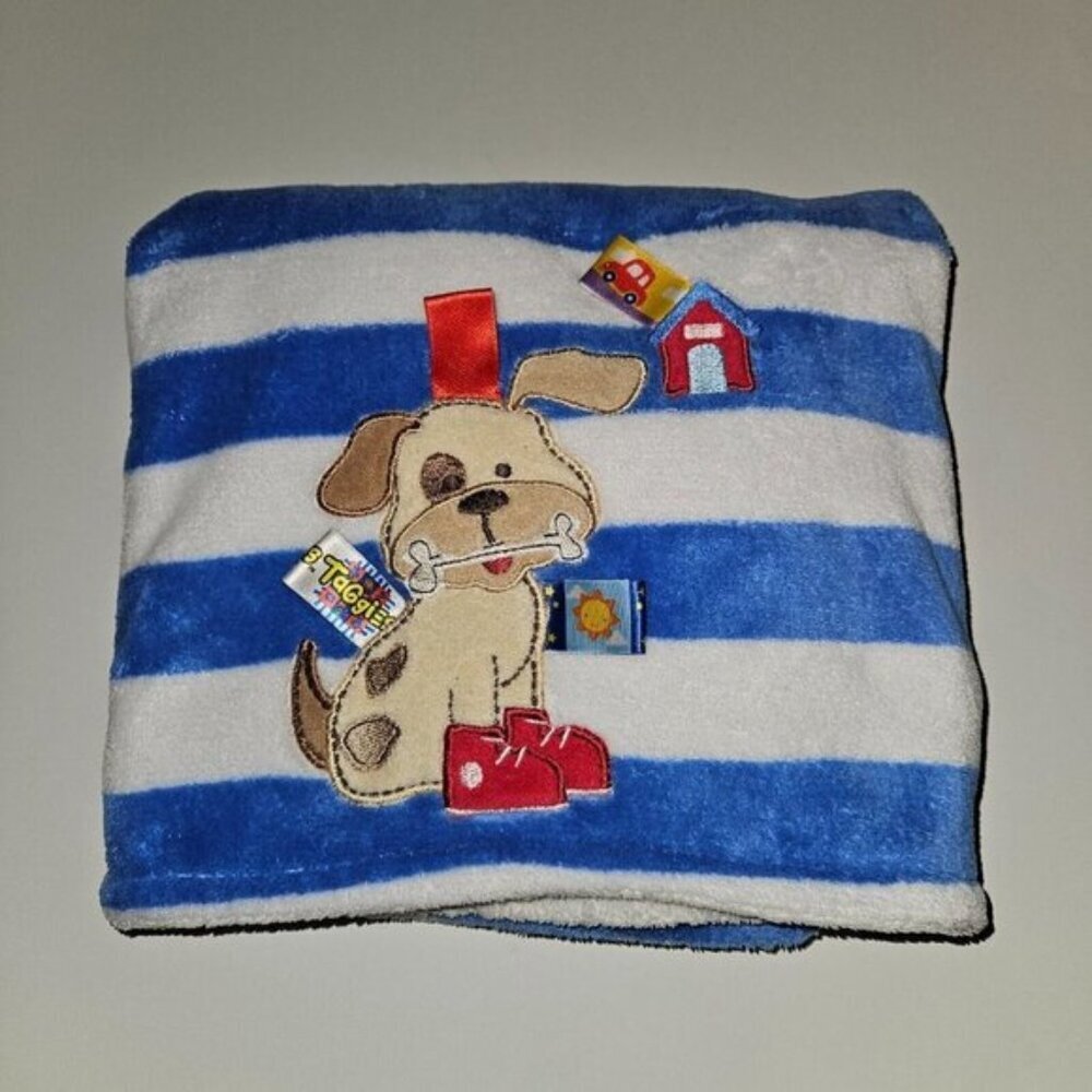 Taggies Blue White Striped Puppy Dog Fleece Baby Blanket Lovey 30x40